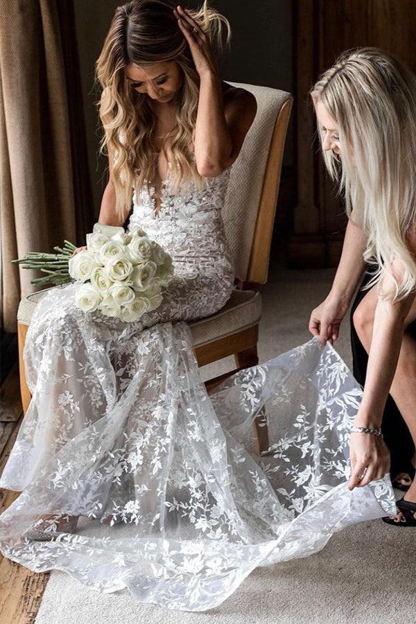 Bmbride Mermaid Spaghetti Straps Lace V-neck Jewel Wedding Dress