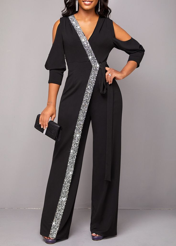 Koscy Chic Black Long Sleeves V-Neck Sequins Long Jump Suit