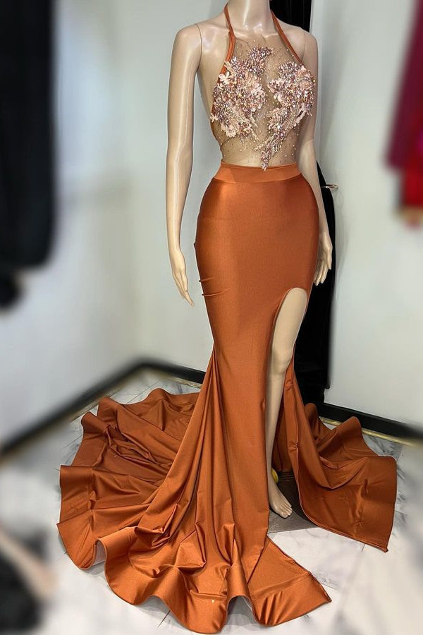 Sleeveless Brown Long Prom Dress with Halter Neckline Appliques and High Slit
