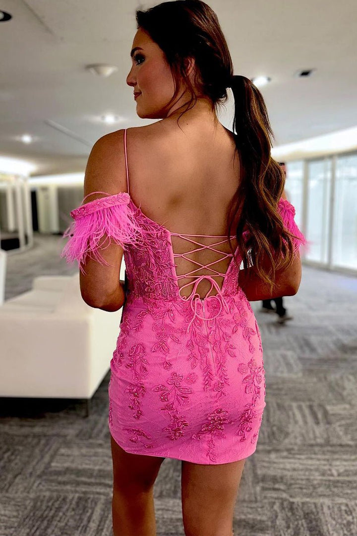 Koscy Sheath Off the Shoulder Pink Lace Homecoming Dress
