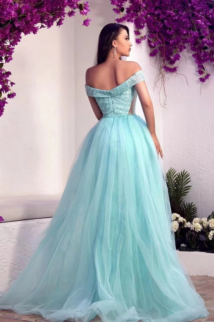 Off-The-Shoulder Sweetheart Tulle Prom Dress With Overskirt Featuring Sequins Beads