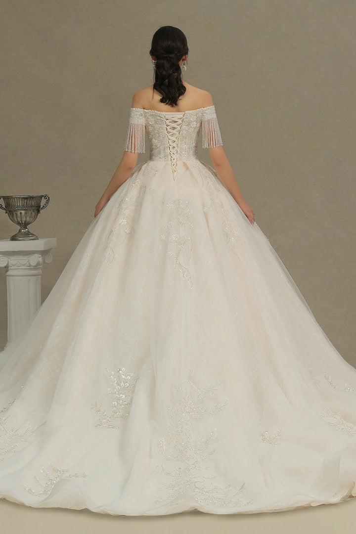 Bmbride CPH224 Off-the-shoulder Tassel Ball Gown Wedding Dress with Appliques and Beads