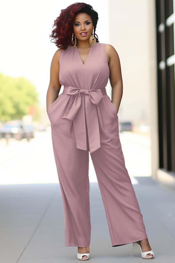Koscy Pool Blue V-Neck Sleeveless Jump Suit With Bow Belt