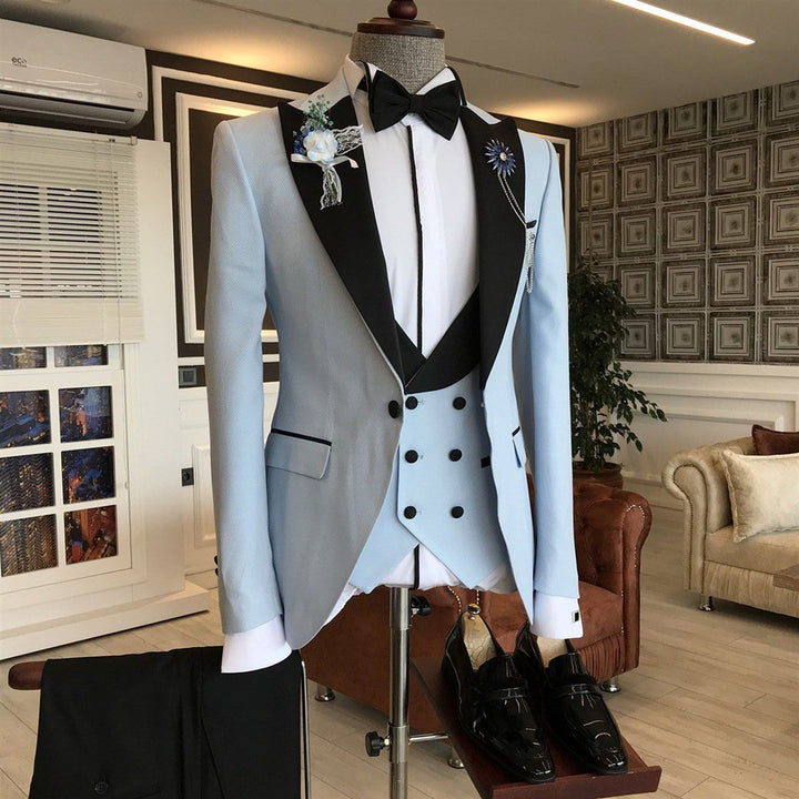 Koscy Fashionable Black Peaked Lapel Sky Blue Three-Piece Party Suit for Men
