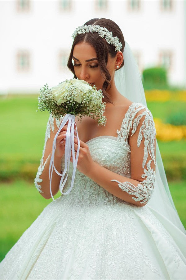 Bmbride Elegant Garden A-line Sweetheart Long Sleeves Chapel Train Satin Wedding Dress