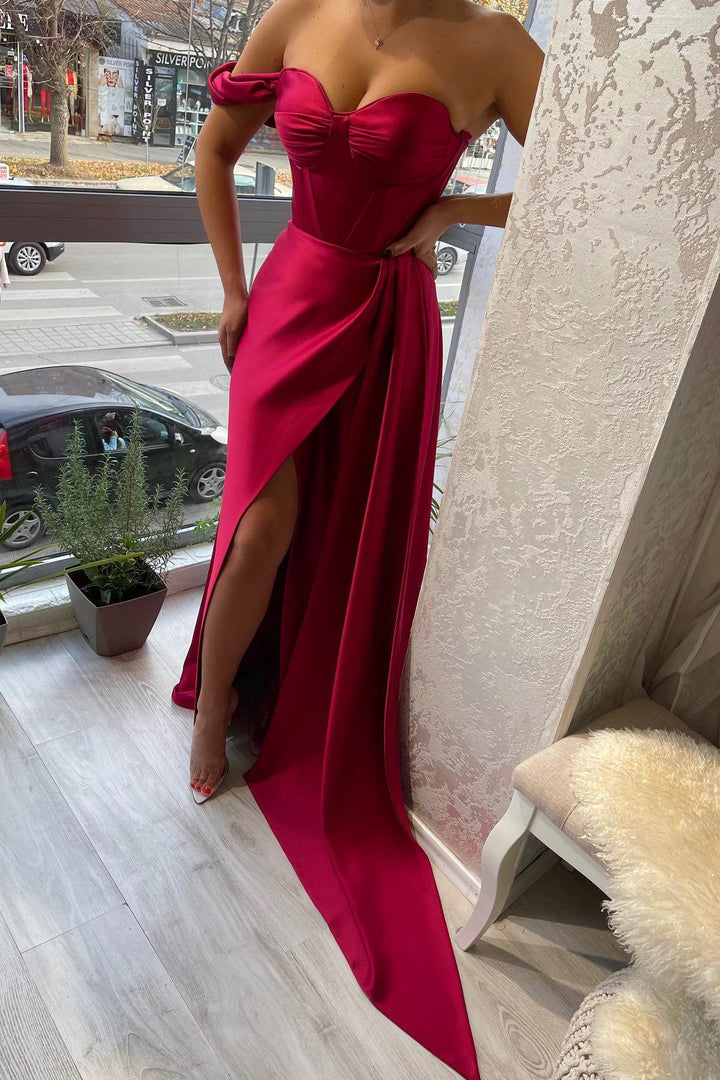 One Shoulder Strapless Sweetheart Slit Evening Dress With Ruffle