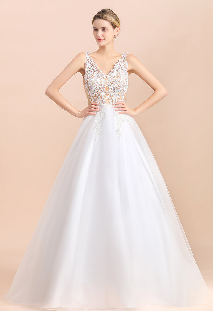 Bmbride Boho Wedding Dress with A-line Straps Tulle Appliques and V-Neck Lace