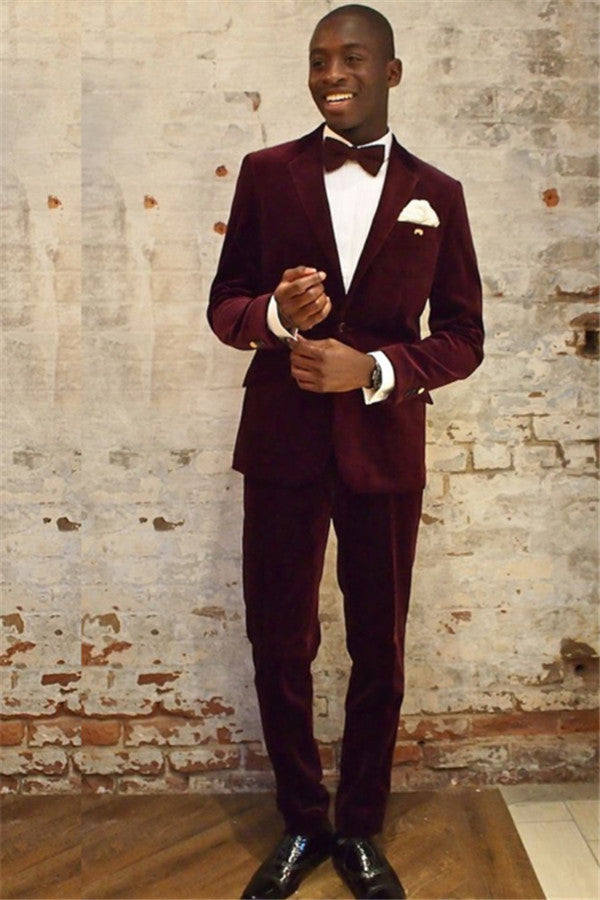 Koscy Classic Wine Red Party Bespoke Prom Suit for Guys, Velvet with Notched Lapel