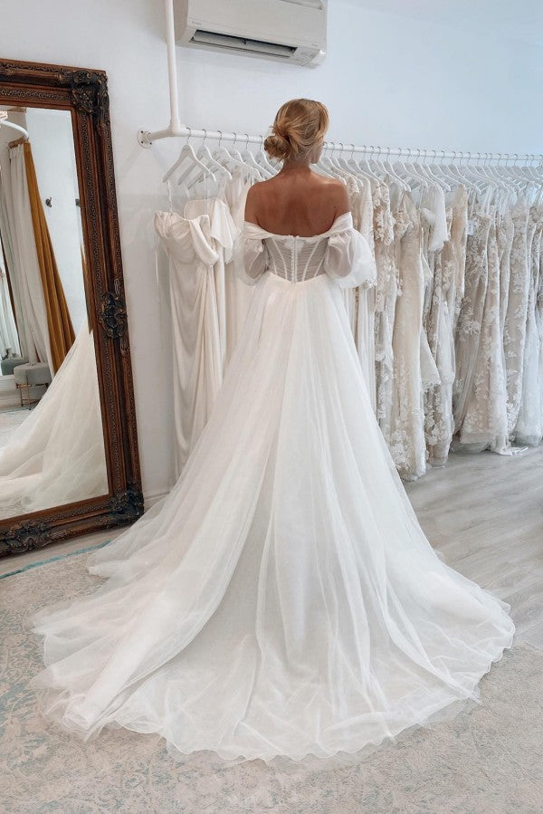 Bmbride Vintage Long Sleeves A-line Off the Shoulder Tulle Wedding Dresses with Slit