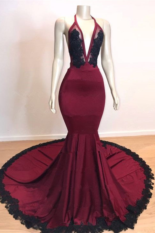 Halter Mermaid Evening Dress: Burgundy Black V-Neck with Applique