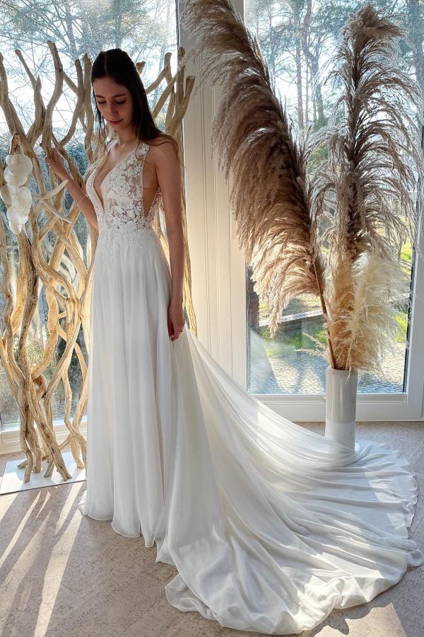 Bmbride Long A-line V-neck Wedding Dress with Tulle Floral Lace and Backless Design