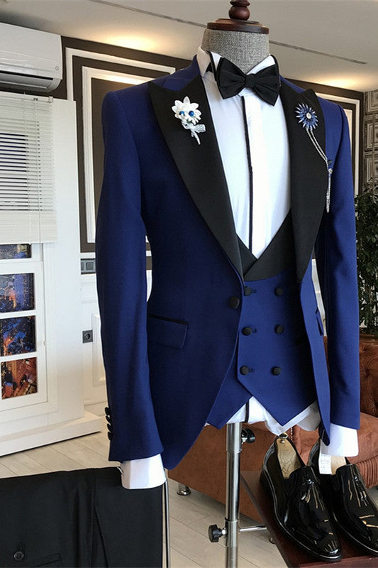 Koscy Stylish Dark Blue Wedding Suit with Peaked Lapel for Groom