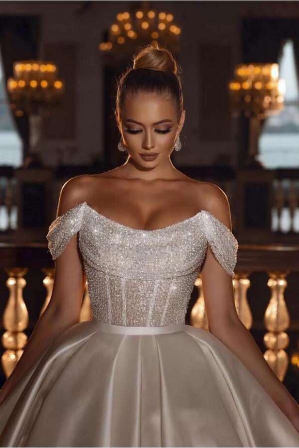 Bmbride Glamorous Long Ball Gown Off Shoulder Sparkling Sequin Satin Bridal Dress