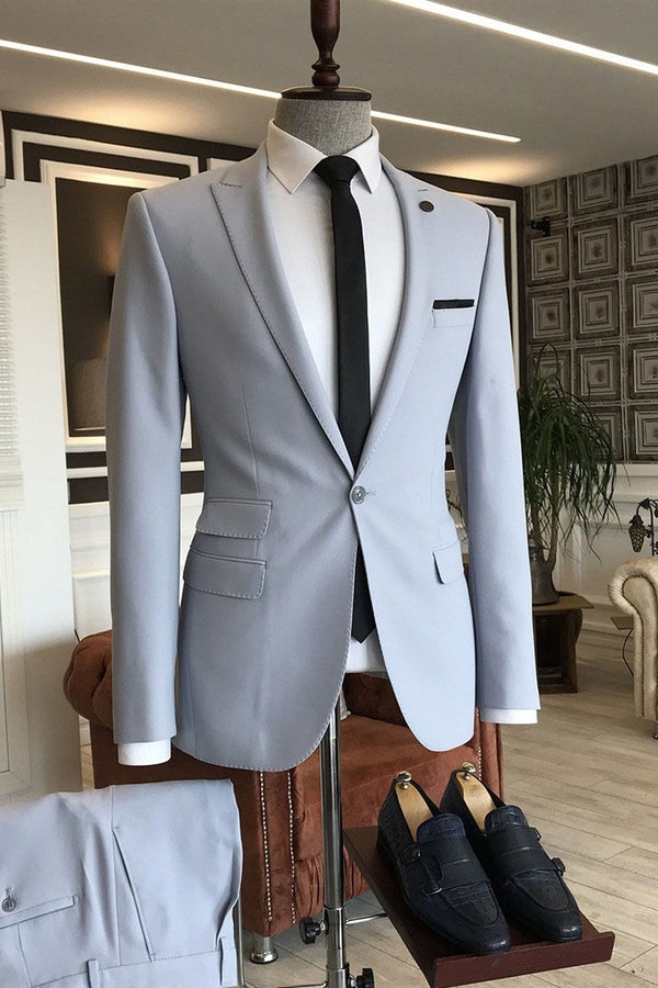 Koscy Simple One-Button Silver Western Wedding Suit with Peaked Lapel