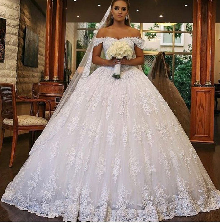 Bmbride Luxurious Long Ball Gown Off-the-shoulder Lace Wedding Dress with Cathedral Train