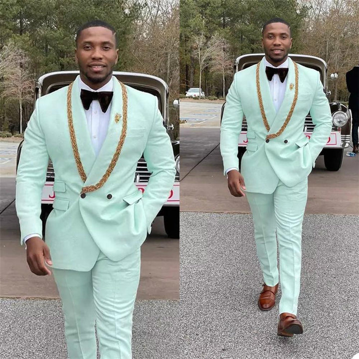 Koscy Conor Mint Green Shawl Lapel Double-Breasted Wedding Suit with Appliques