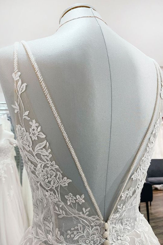 Bmbride Elegant Long A-Line V-Neck Tulle Spaghetti Straps Lace Bridal Gown