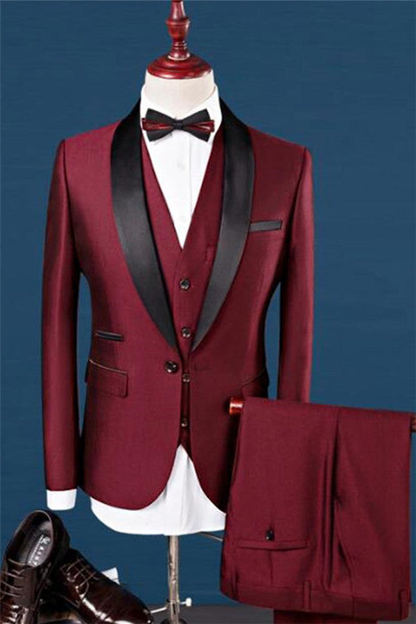 Koscy Three-Piece Wine Red Shawl Lapel Dinner Tuxedo for Morning Wedding