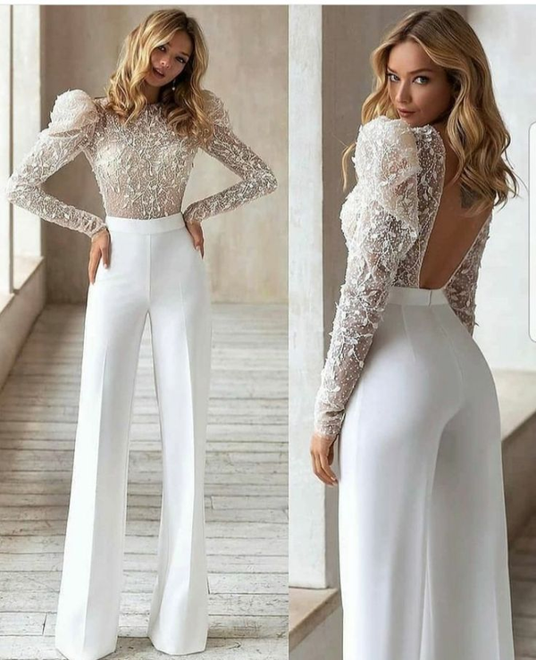 Koscy White Bubble Sleeves Backless Lace Embroidery Applique Long Jump Suit