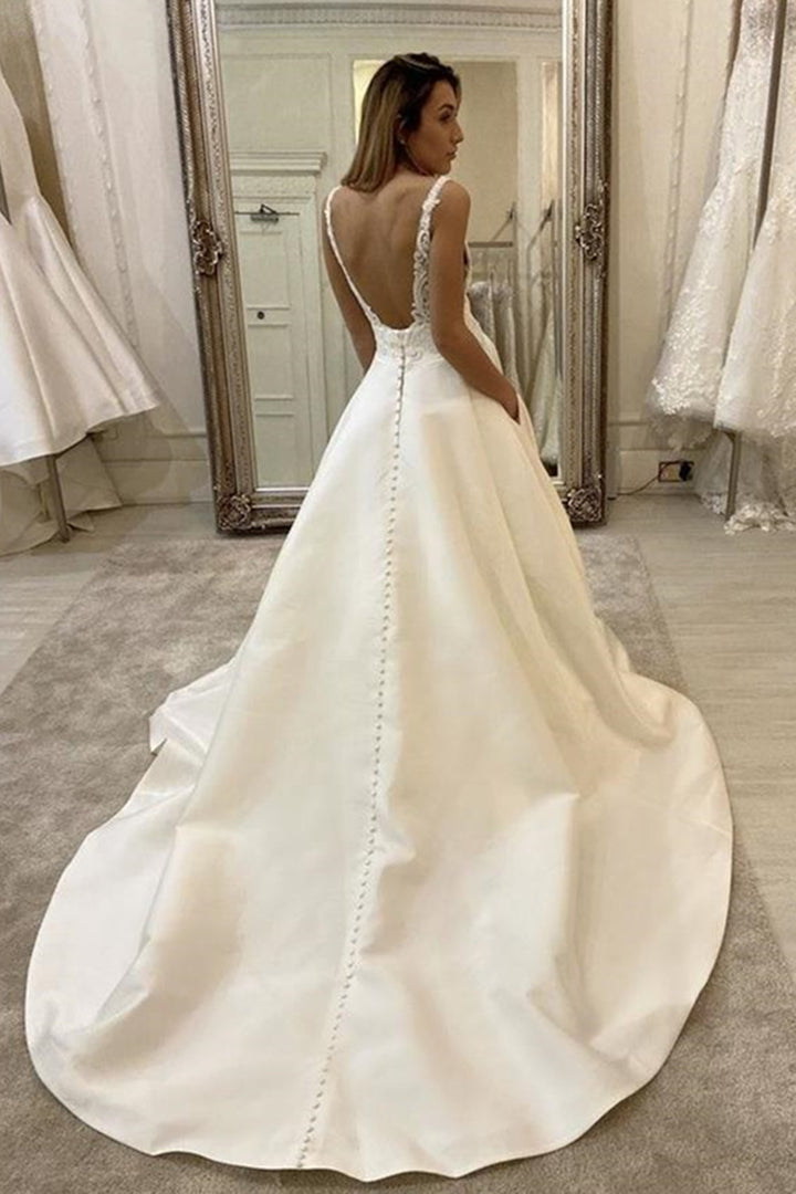 Bmbride V-neck Spaghetti Straps A-Line Backless Wedding Dress With Pockets