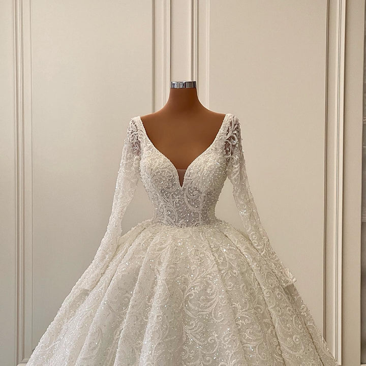 Bmbride V-neck Long Sleeves Floor Length Chapel Lace Wedding Dress