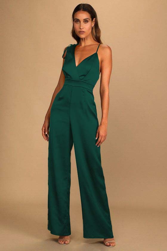 Koscy Retro Emerald Green Satin Asymmetrical Wide-Leg Jump Suit