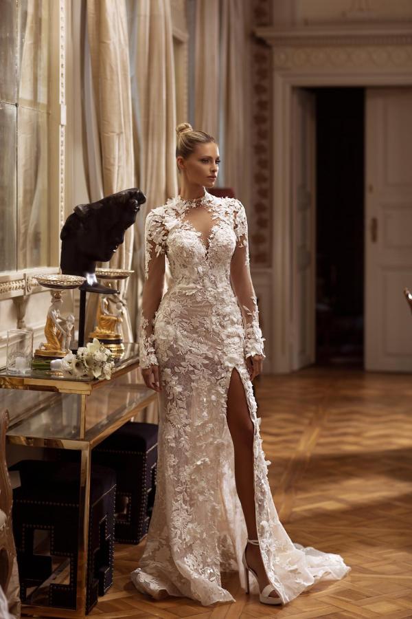 Bmbride Long A-line High Neck Tulle Lace Backless Wedding Dress with Slit