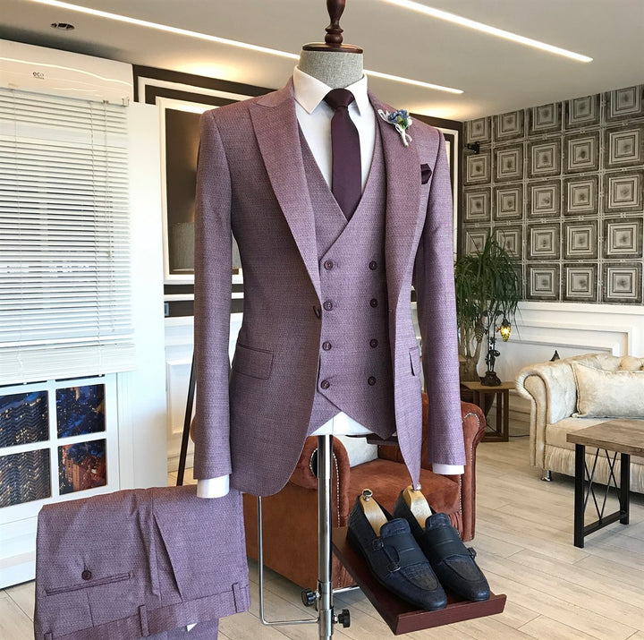 Koscy Purple One-Button Groomsmen Outfit with Small Plaid and Peaked Lapel