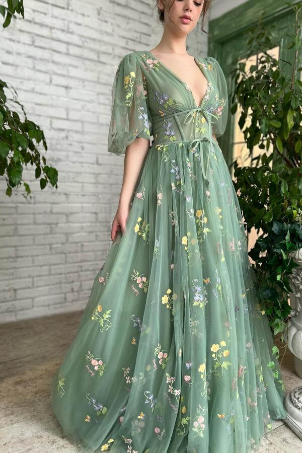 Deep V-Neck Half Sleeves Evening Dress with Embroidery Flowers and Tulle
