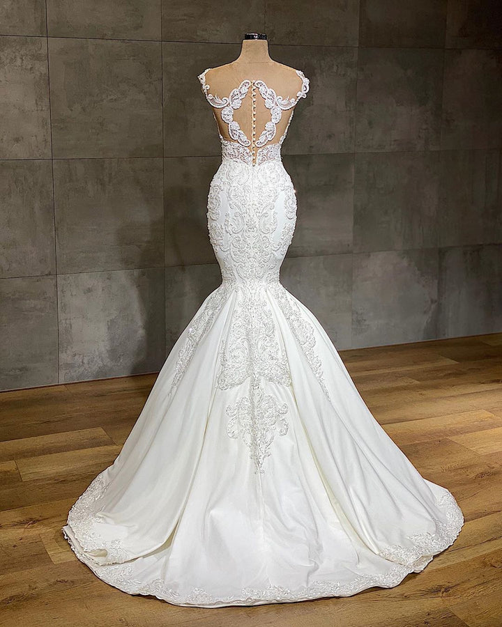 Bmbride Exquisite Transparent Lace V-neck Sleeveless Mermaid Wedding Dresses