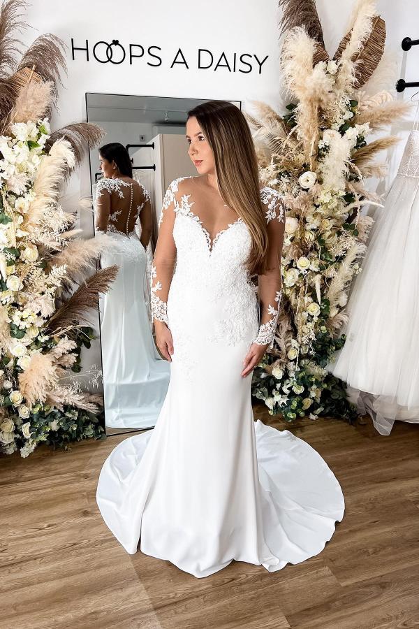 Bmbride White Floral Lace Mermaid Wedding Dress with Sweetheart Neckline and Tulle Back