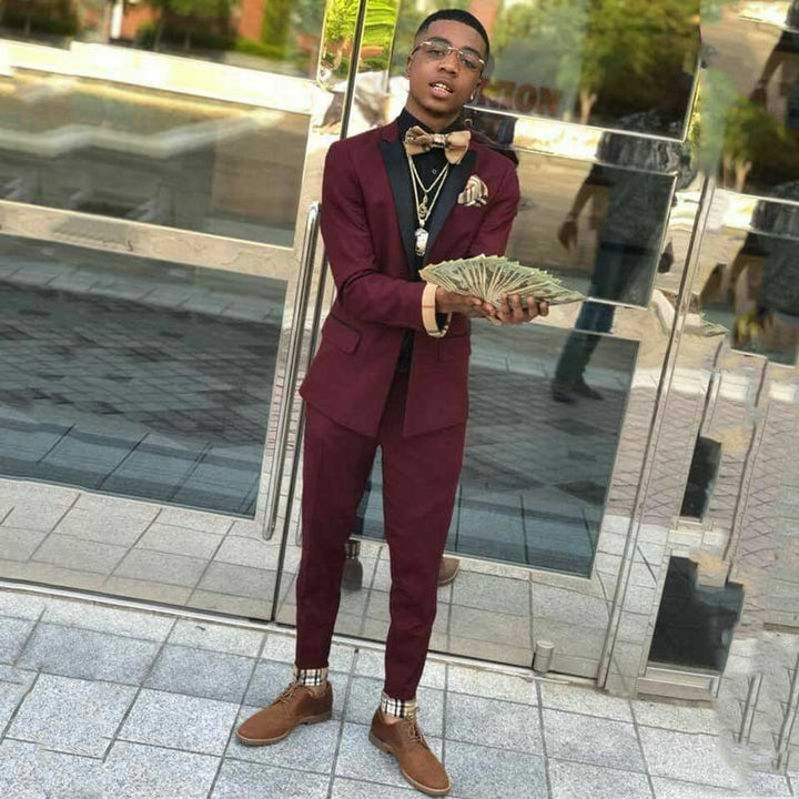 Koscy New Arrival Burgundy Party Prom Suit, Two Pieces for Men with Black Lapel