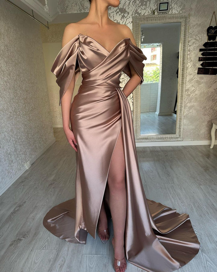 Off The Shoulder V Neck Split Pleated Dusty Pink Prom Dress