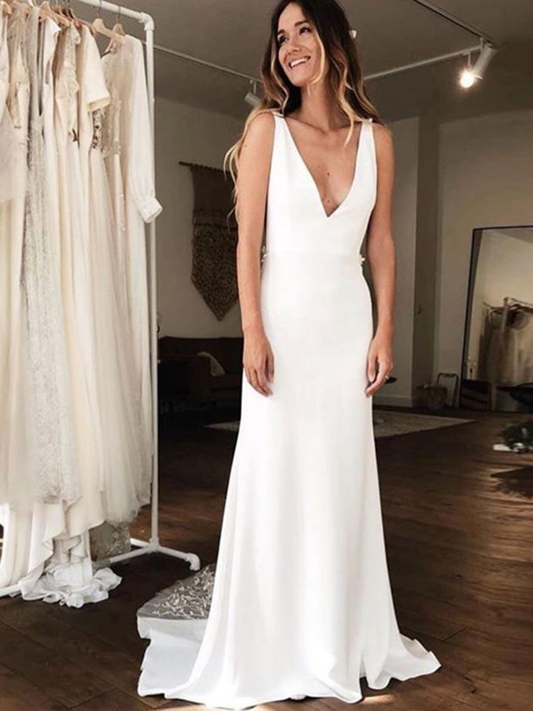 Bmbride Gorgeous V-neck Lace Backless Mermaid Wedding Dresses