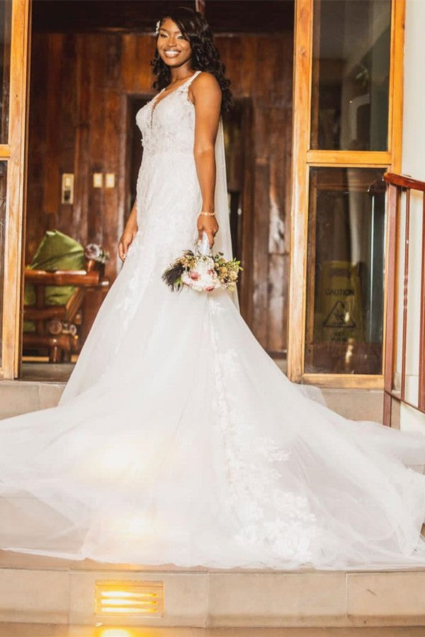 Bmbride Sweetheart Straps Chapel Train A-Line Tulle Wedding Dress