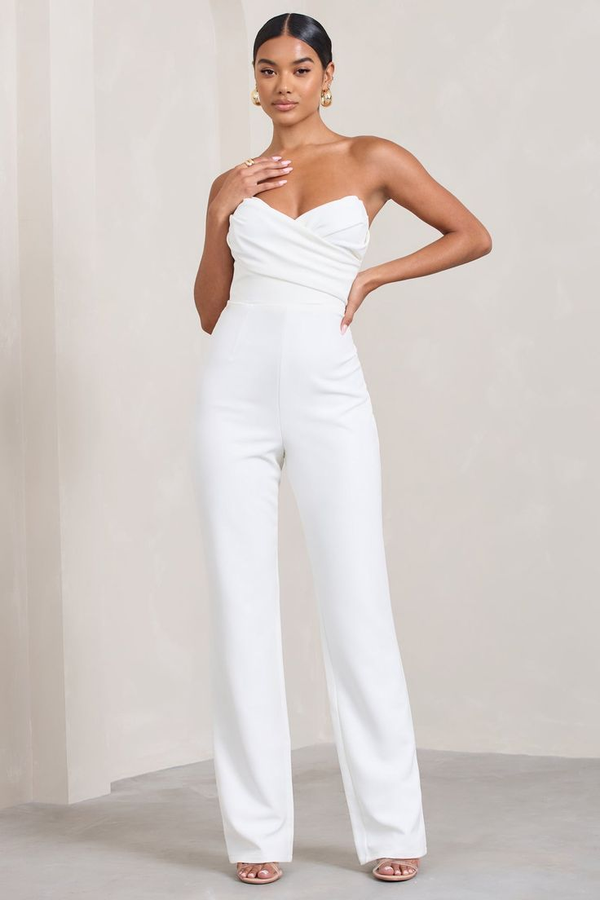 Koscy Simple Everyday White Strapless Sweetheart Women's Jump Suit With Pleats