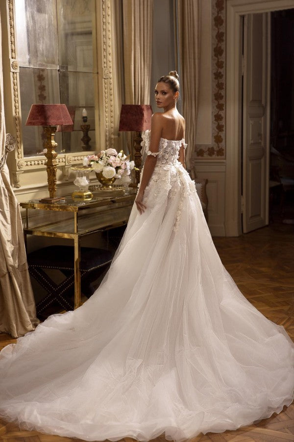 Bmbride Long A-line Off the Shoulder Tulle Lace Backless Wedding Dresses with Slit
