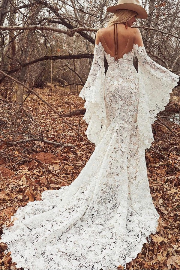Bmbride Elegant Mermaid Long Sleeves Floor-Length Lace Wedding Dress