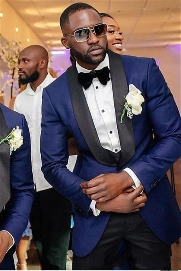 Koscy Navy Blue Three-Piece Wedding Suit with Black Shawl Lapel for Men’s Parties