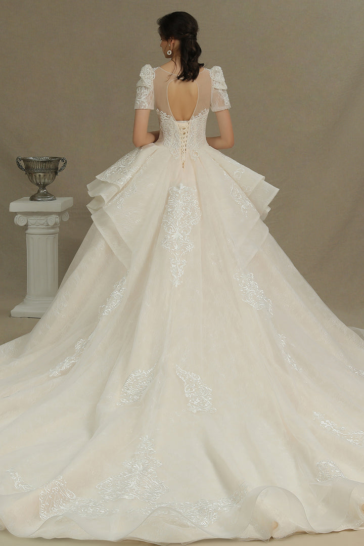 Bmbride Short Sleeve Garden Bridal Gown Sweetheart Luxury Wedding Dresses with Sweep Train