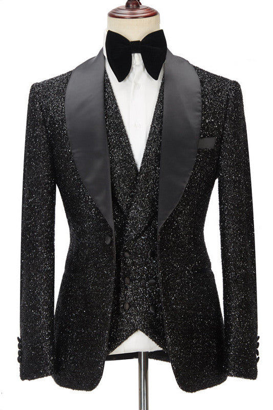 Koscy Popular Black Three-Piece Groomsmen Tuxedo with Sparkly Shawl Lapel