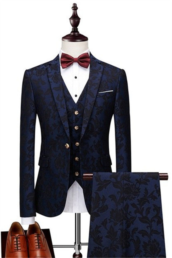 Koscy Navy Blue Groomsmen Outfits - High Quality Tuxedo with Jacquard Three Pieces