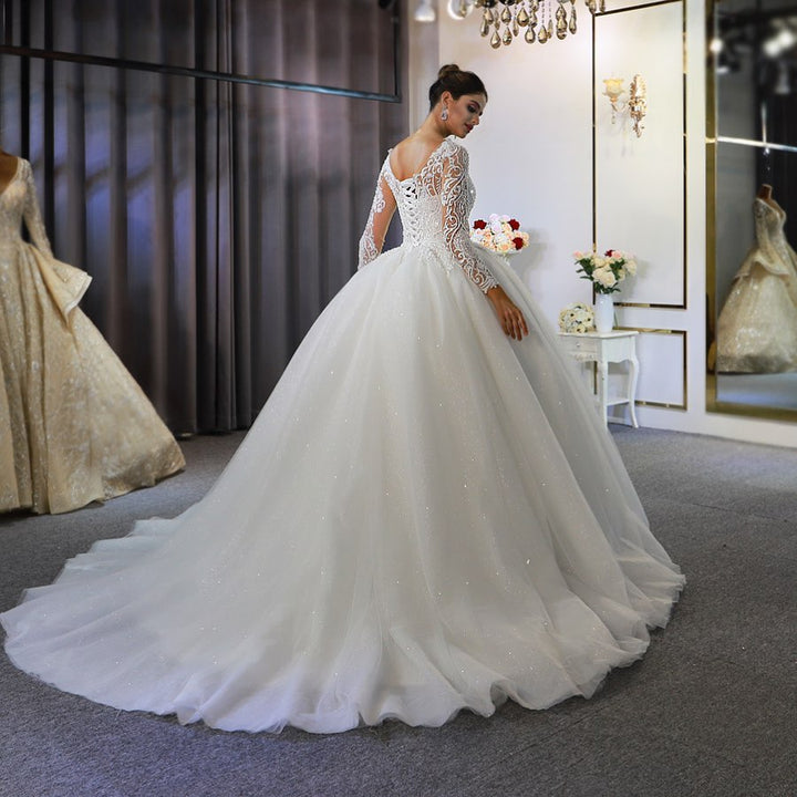 Bmbride A-Line Bateau Long Sleeve Appliques Lace Sequins Floor-length Wedding Dress
