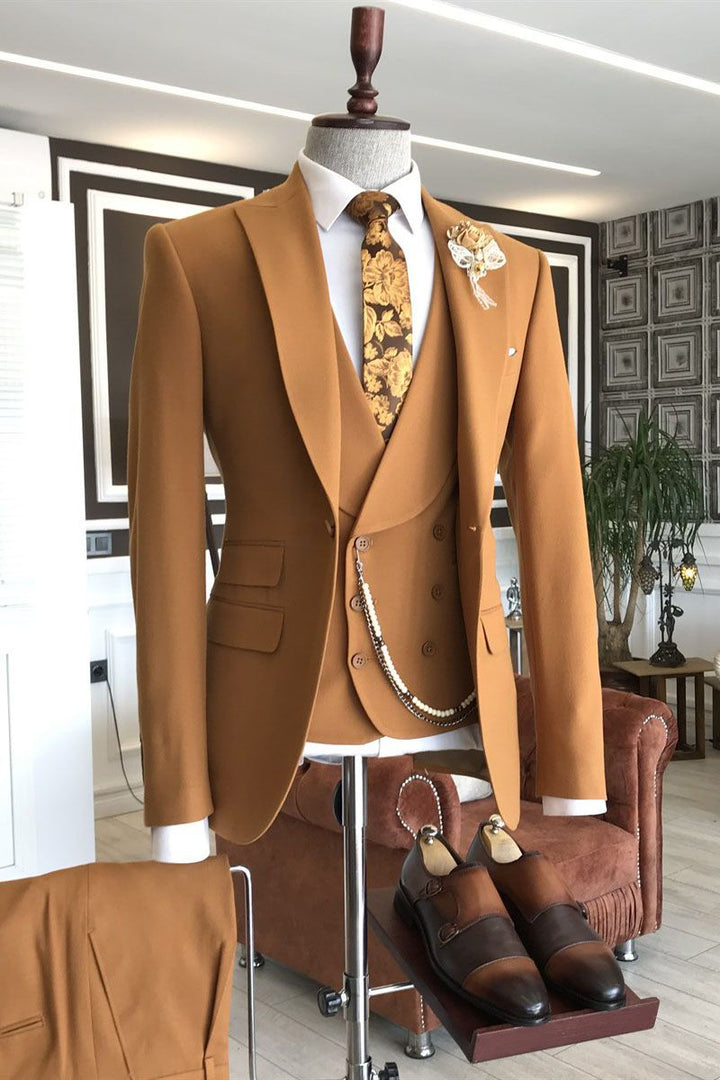 Koscy Gentle Double-Breasted Orange Prom Suit with Peaked Lapel