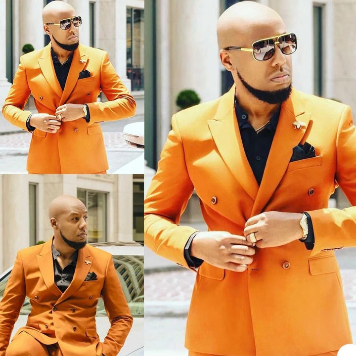 Koscy Shining Orange Evening Suit for Men with Peaked Lapel