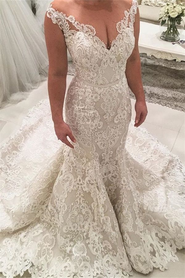 Bmbride Deep V-neck Spaghetti Straps Appliques Lace Floor-length Mermaid Prom Dress