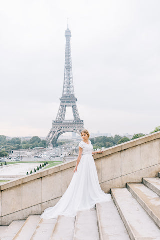 Bmbride White V-Neck Cap Sleeve A-line Lace Chiffon Wedding Dress