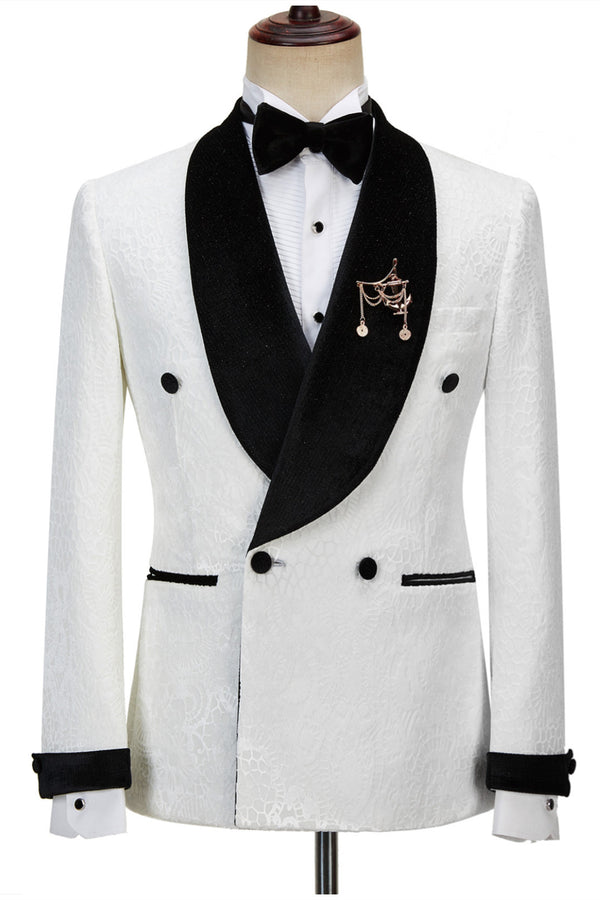 Koscy White Double-Breasted Jacquard Shawl Lapel Reception Suit with Sparkle for Men