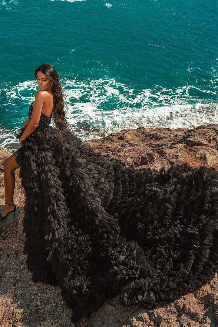 Bmbride High Low Sweetheart Tulle Formal Evening Dresses in Black