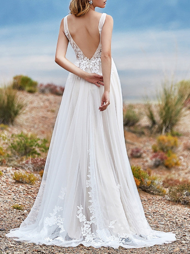 Bmbride Vintage Sexy Wedding Dress A-Line with V Neck Sweep/Brush Train Lace Tulle Sleeveless Color Backless